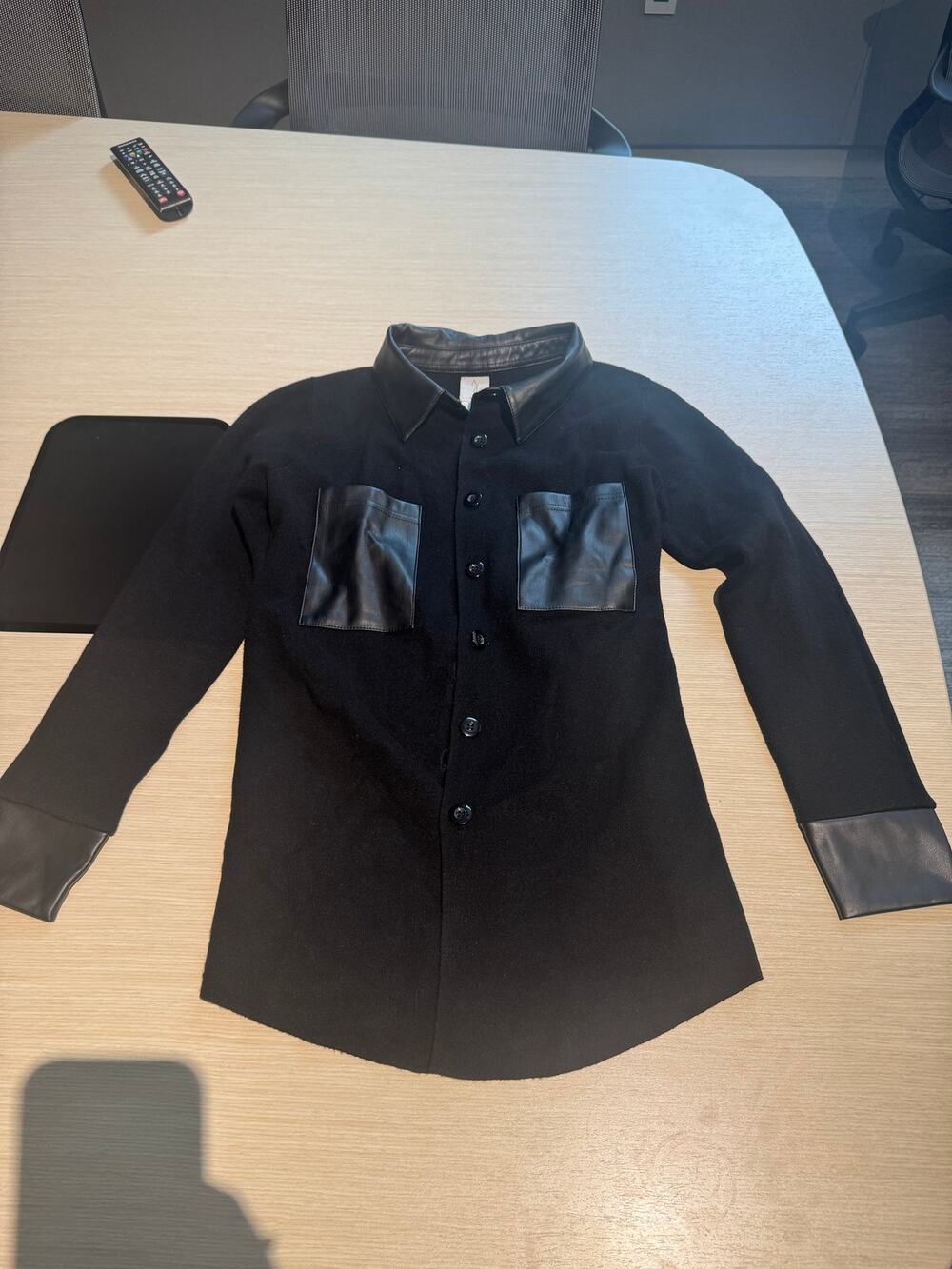 Joie Knit Shirt Jacket Women's XS Black Faux Leather Collar Pockets